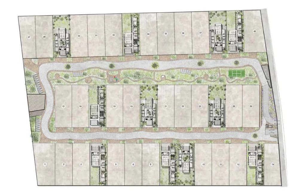 Mítico master plan showing the layout of homesites, roads and amenities